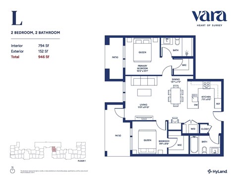 Floor plan for 2 beds, 2 baths, 794 sqft